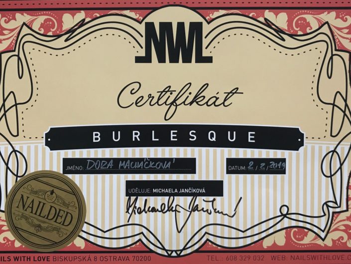 Certifikát, školení, vzdělání, burlesque nails, zdobení nehtů